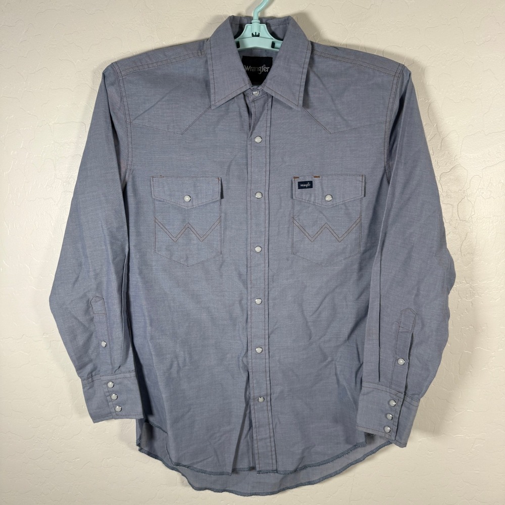 Wrangler Shirt Mens Medium Blue Pearl Snap Long Sleeve Western Cowboy Chambray